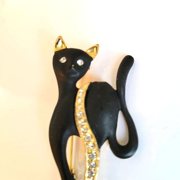 Vintage Cat Brooch Black Enamel Gold Tone Rhinestone Eyes Catcore Black Cat - Picture 4 of 12
